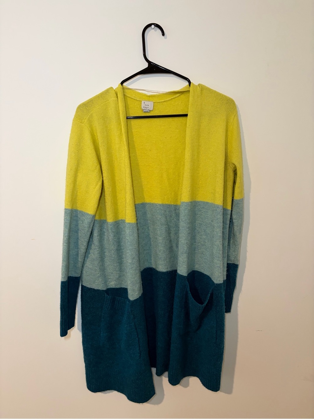a new day Colorblock Open-Front Cardigan in Yellow, Light Blue, Teal